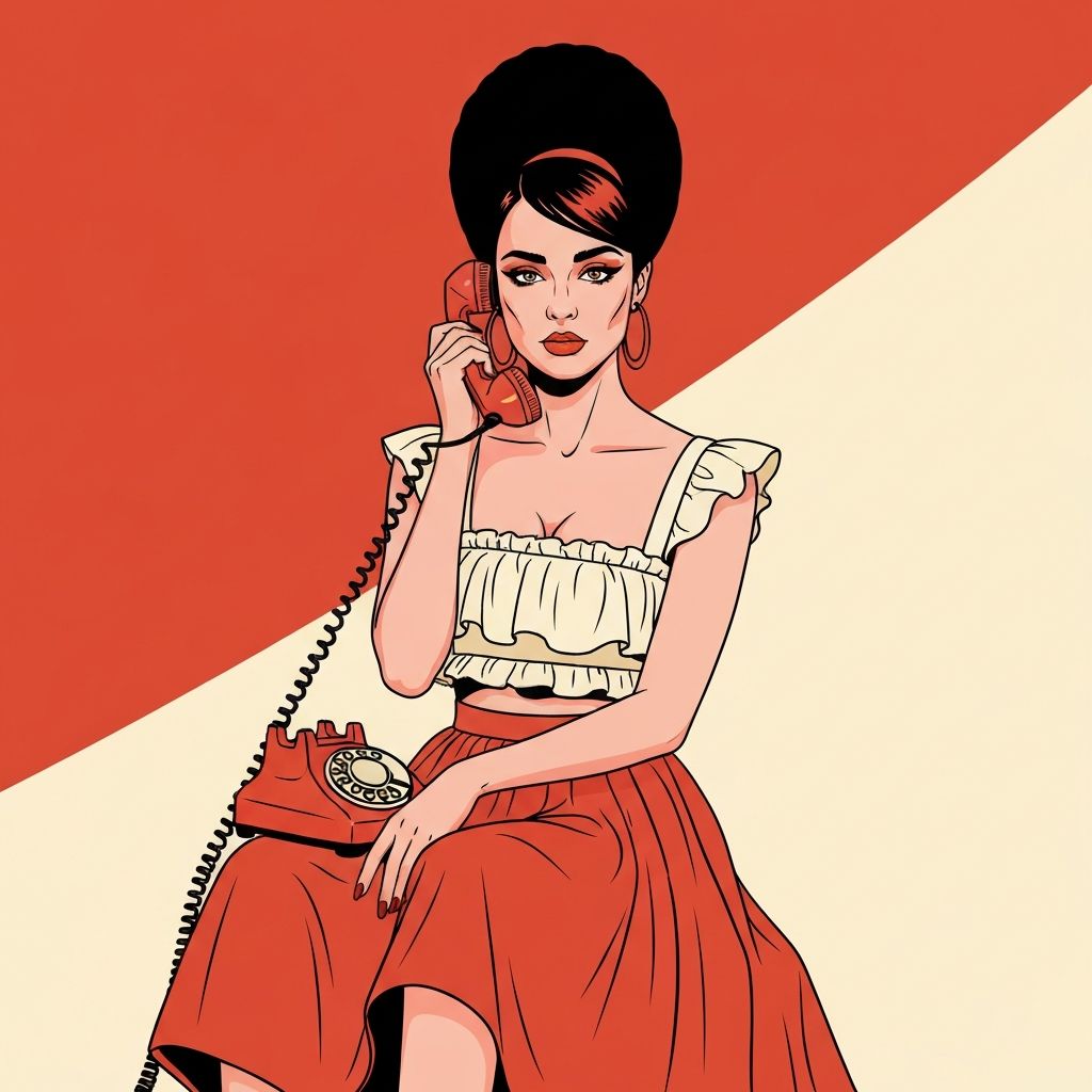 Stylish woman in 1970s fashion holding vintage rotary telephone - representing AI receptionist